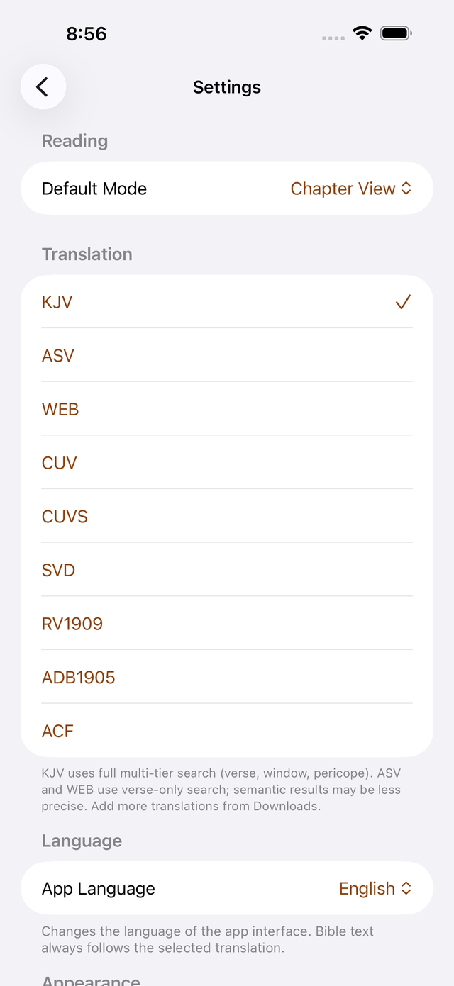 Settings: reading mode, translation picker, and app language