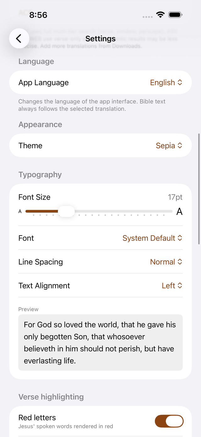 Settings: appearance theme, typography, and verse highlighting toggles