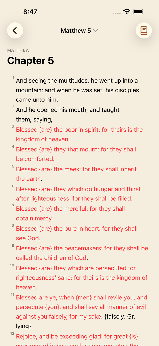 Matthew 5 with the words of Jesus rendered in red