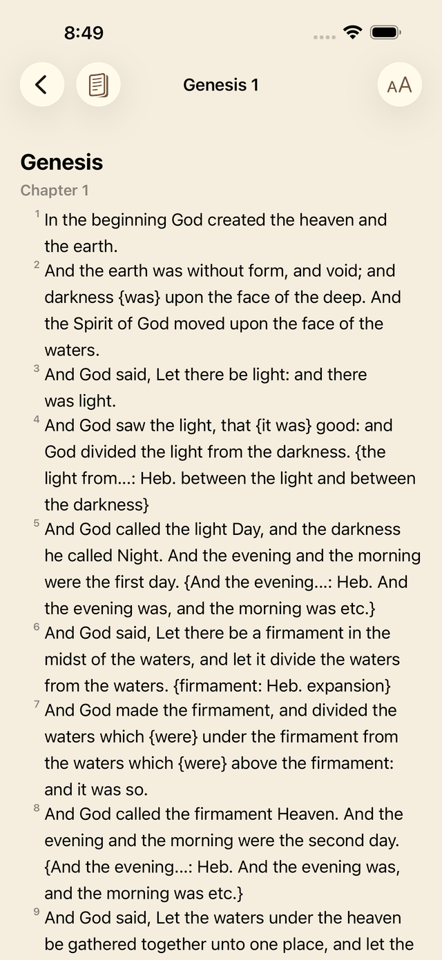 Continuous reading mode scrolling straight through the Bible